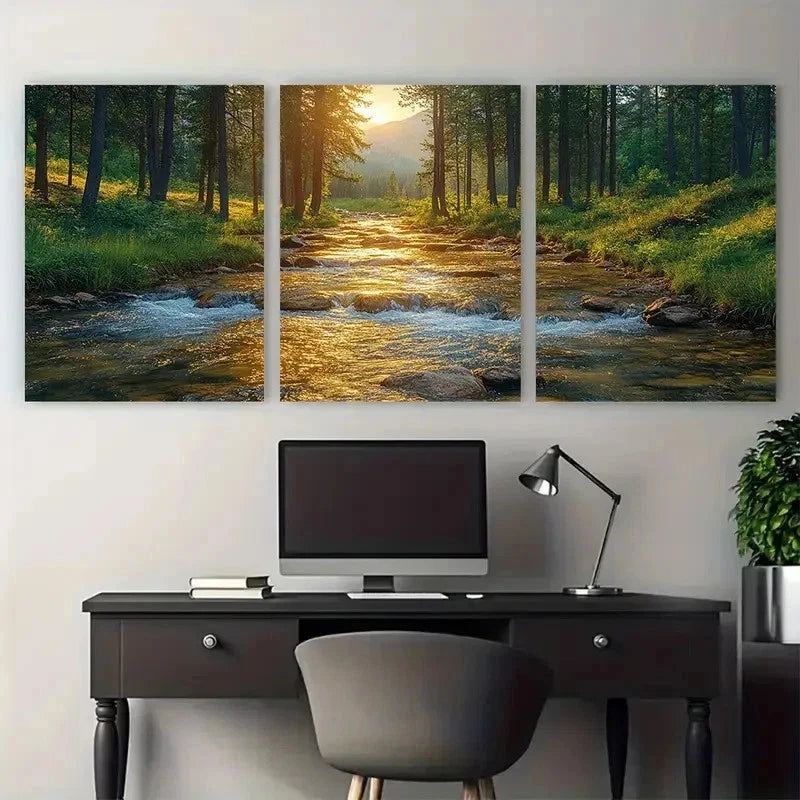 3pcs Forest River Scene Beauty Perfect Wall Art Set Canvas Framed 50x70cm - High Quality Print 100% Australian Made Wall Canvas Ready to Hang - Bella Home Decor