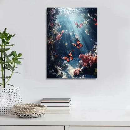 Surreal Underwater Coral Reef with Playful Butterflies 40x60cm Metal Print Ready to Hang - Bella Home Decor