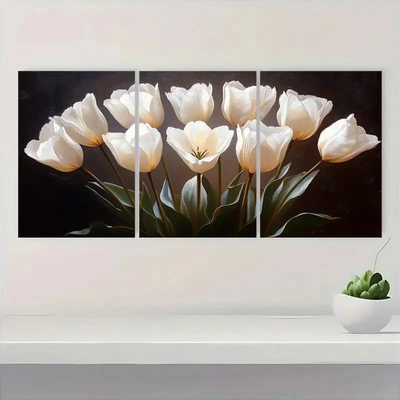 3pcs White Tulips with Black WE  Wall Art Set Canvas Framed 60x90cm - High Quality Print 100% Australian Made Wall Canvas Ready to Hang