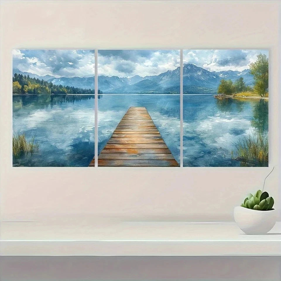3pcs Boho Style Lake Scene Mountain Metal Print Ready to Hang Art - Bella Home Decor