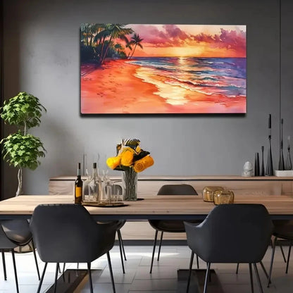 Tropical Beach Sunset Red Wall Art Canvas Office Home Room Framed 120x60cm