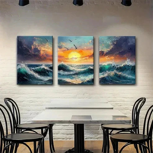 3pcs Ocean Sunset Fiery Sky & Seagulls Perfect Wall Art Canvas Unframed – High Quality Print 100% Australian Made Wall Canvas