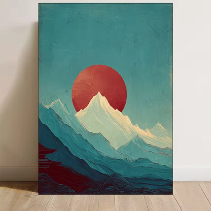 Blue & Red Sun/Moon Mountain Landscape, Metal Print Ready to Hang