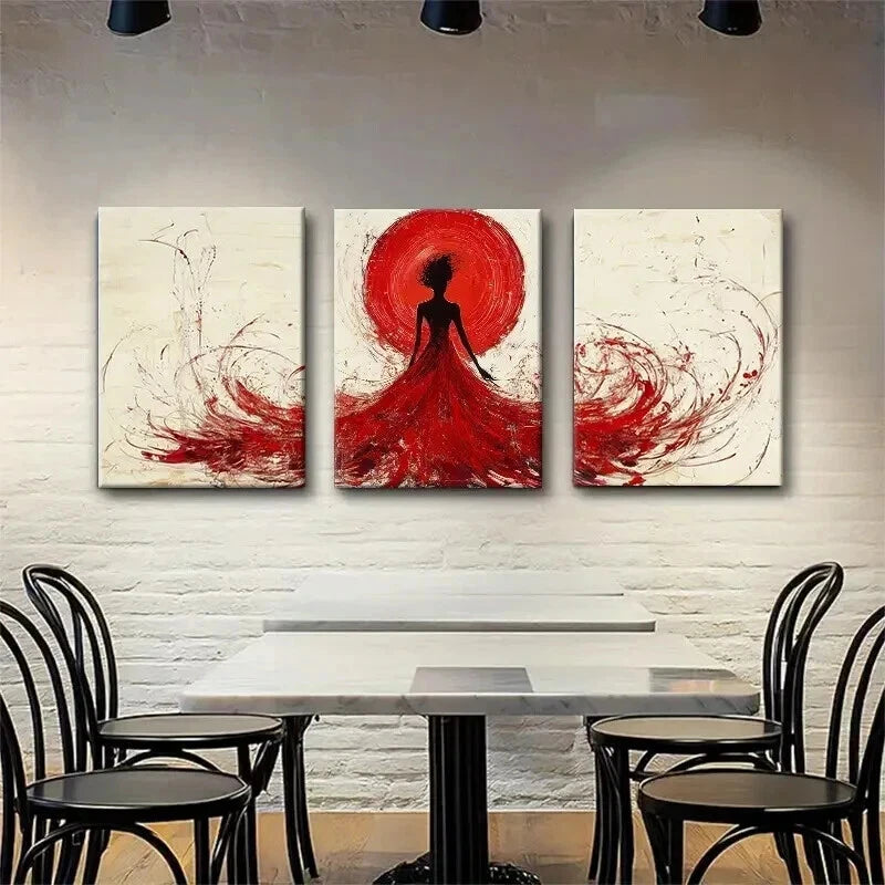 3pcs Elegant Red Dress Silhouette Perfect Wall Art Set Canvas Framed 60x90cm - High Quality Print 100% Australian Made Wall Canvas Ready to Hang - Bella Home Decor