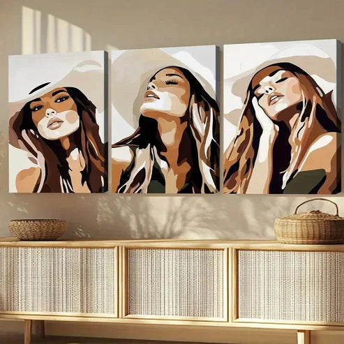 3pcs Cowgirl Classic Modern Style Figures Gray White Wall Art Set Canvas Unframed - High Quality Print 100% Australian Made Wall Canvas - Bella Home Decor