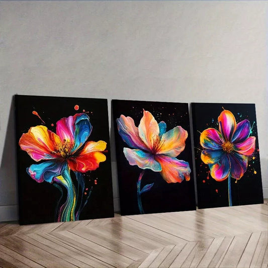 3pcs A Colorful Flower Black Background Wall Art Set Canvas Framed 40x60cm - High Quality Print 100% Australian Made Wall Canvas Ready to Hang