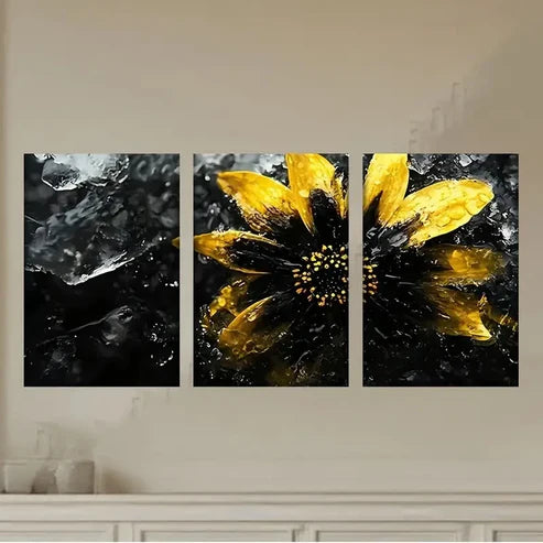 3pcs a yellow flower with black and white Wall Art Set Canvas Unframed - High Quality Print 100% Australian Made Wall Canvas - Bella Home Decor