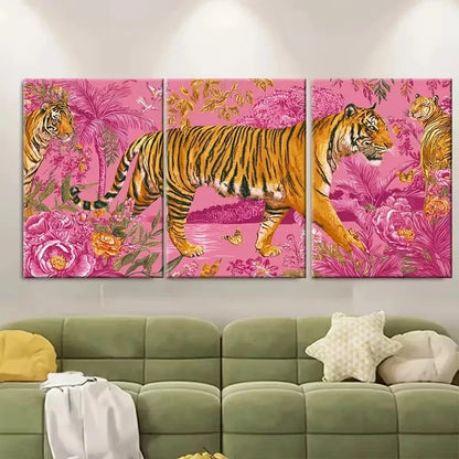 3pcs Pink Orange Retro Tiger Wall Art Set Canvas Framed 50x70cm - High Quality Print 100% Australian Made Wall Canvas Ready to Hang