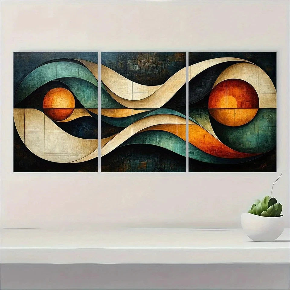 3pcs Modern Abstract Geometric Beige Metal Print Ready to Hang Art - Bella Home Decor