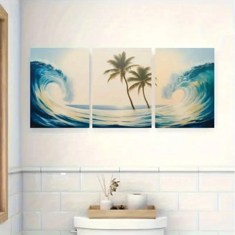 3pcs Ocean Wave & Palm Tree Canvas  Wall Art Set Canvas Framed 40x60cm - High Quality Print 100% Australian Made Wall Canvas Ready to Hang