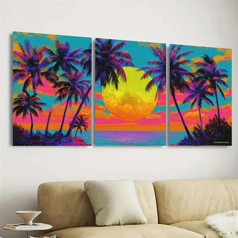 3pcs Neon Tropical Full Moon Pop Art Sunset Wall Art Set Canvas Framed 60x90cm - High Quality Print 100% Australian Made Wall Canvas Ready to Hang