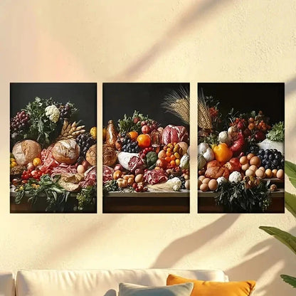 3pcs Table Full of Food, Artist Drawing Wall Art Set Canvas Framed 60x90cm - High Quality Print 100% Australian Made Wall Canvas Ready to Hang