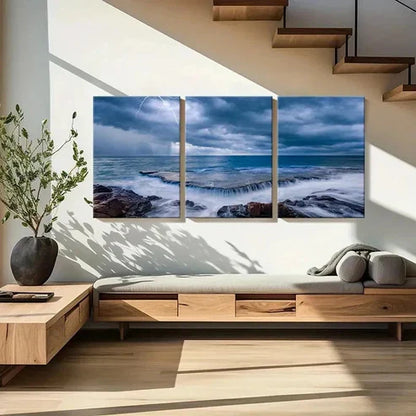 3pcs Seascape and Lightning Clouds Wall Art Canvas Unframed - High Quality Print 100% Australian Made Wall Canvas