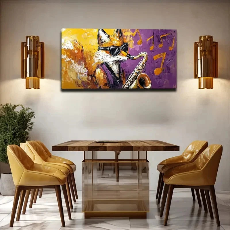 Fox Playing Saxophone Vibrant Wall Art Canvas Office Home Room Framed 120x60cm