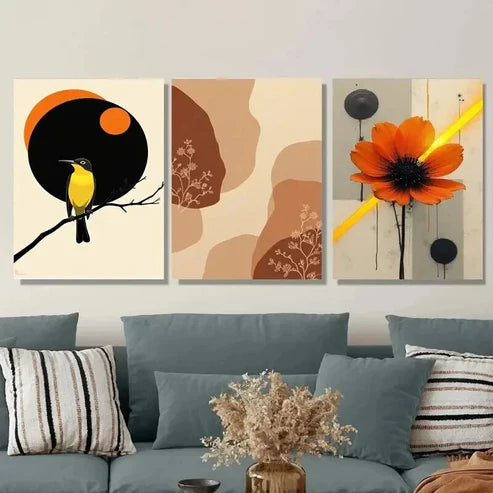 3pcs Modern Abstract Bird Orange & Yellow Wall Art Set Canvas Unframed - High Quality Print 100% Australian Made Wall Canvas