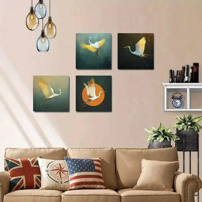 4pcs Elegant Crane Art Theme Wall Art Canvas Framed