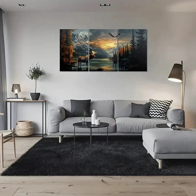 3pcs Mountains Serene Lakeside Moose Eagle Metal Print Ready to Hang Art