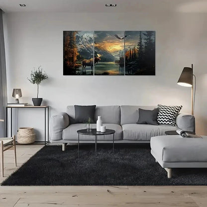 3pcs Mountains Serene Lakeside Moose Eagle Metal Print Ready to Hang Art