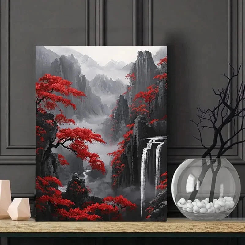 Vibrant Red Trees & Mountain Landscape Waterfall 40x60cm Metal Print Ready to Hang - Bella Home Decor
