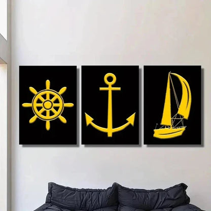 3pcs Yellow Anchor Sailboat Golden Nautical Wall Art Canvas Unframed – High Quality Print 100% Australian Made Wall Canvas