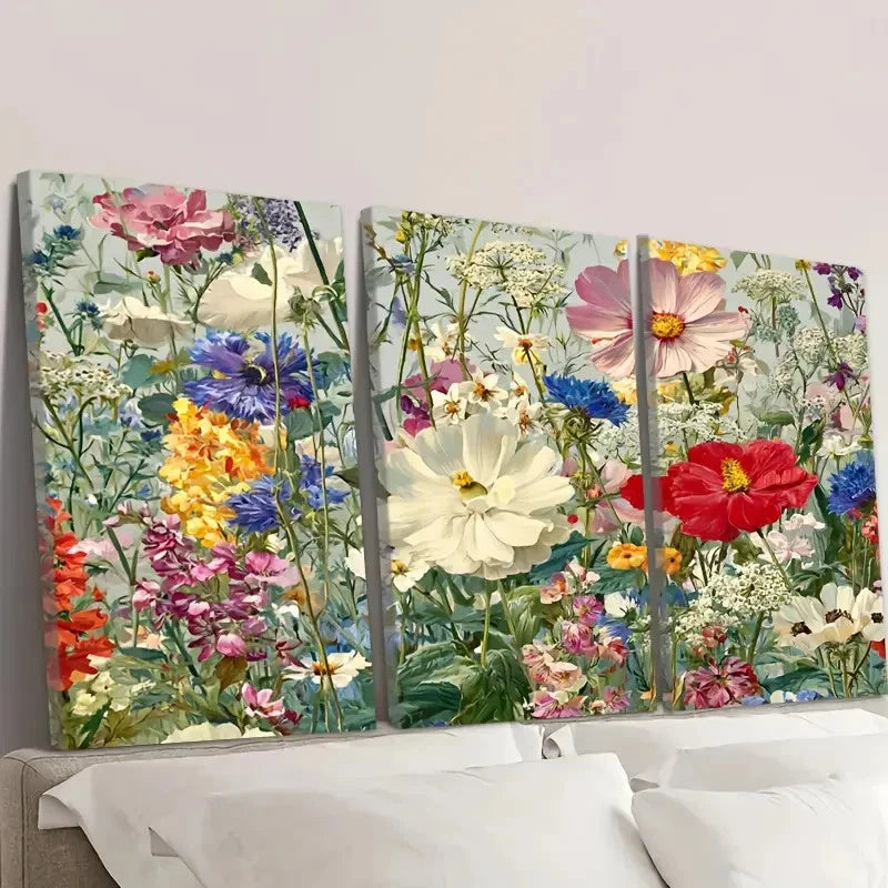3pcs Chintz Wildflower Meadow Pleasant Floral Wall Art Set Canvas Framed 50x70cm - High Quality Print 100% Australian Made Wall Canvas Ready to Hang - Bella Home Decor