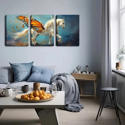 3pcs Horse With Butterfly Wings Blue Perfect Wall Art Set Canvas Framed 50x70cm - High Quality Print 100% Australian Made Wall Canvas Ready to Hang - Bella Home Decor