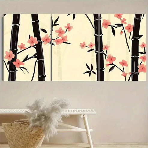 3pcs Serene Bamboo And Cherry Blossoms Wall Art Set Canvas Unframed - High Quality Print 100% Australian Made Wall Canvas