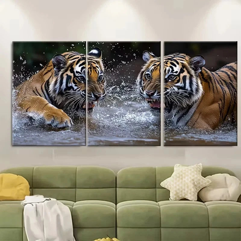 3pcs Two Tigers Play Fighting in Water Wall Art Set Canvas Framed 60x90cm - High Quality Print 100% Australian Made Wall Canvas Ready to Hang