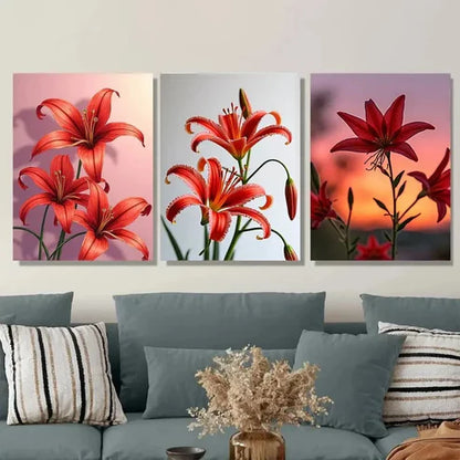 3pcs Red Lily Flower Vibrant Floral Orange Wall Art Set Canvas Unframed - High Quality Print 100% Australian Made Wall Canvas