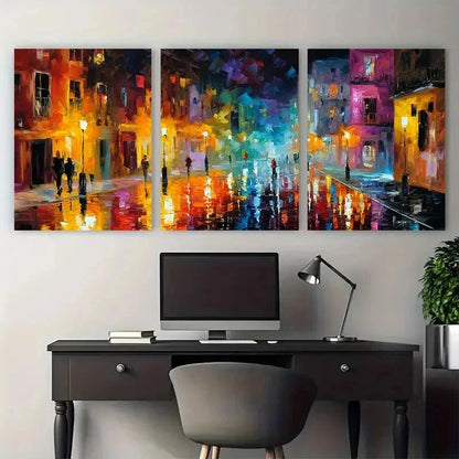 3pcs Romantic City Street Night Scene Perfect Wall Art Set Canvas Framed 50x70cm - High Quality Print 100% Australian Made Wall Canvas Ready to Hang