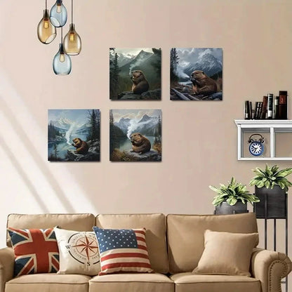4pcs Beaver Smoking Cigar Vintage Abstract Wall Art Canvas Framed