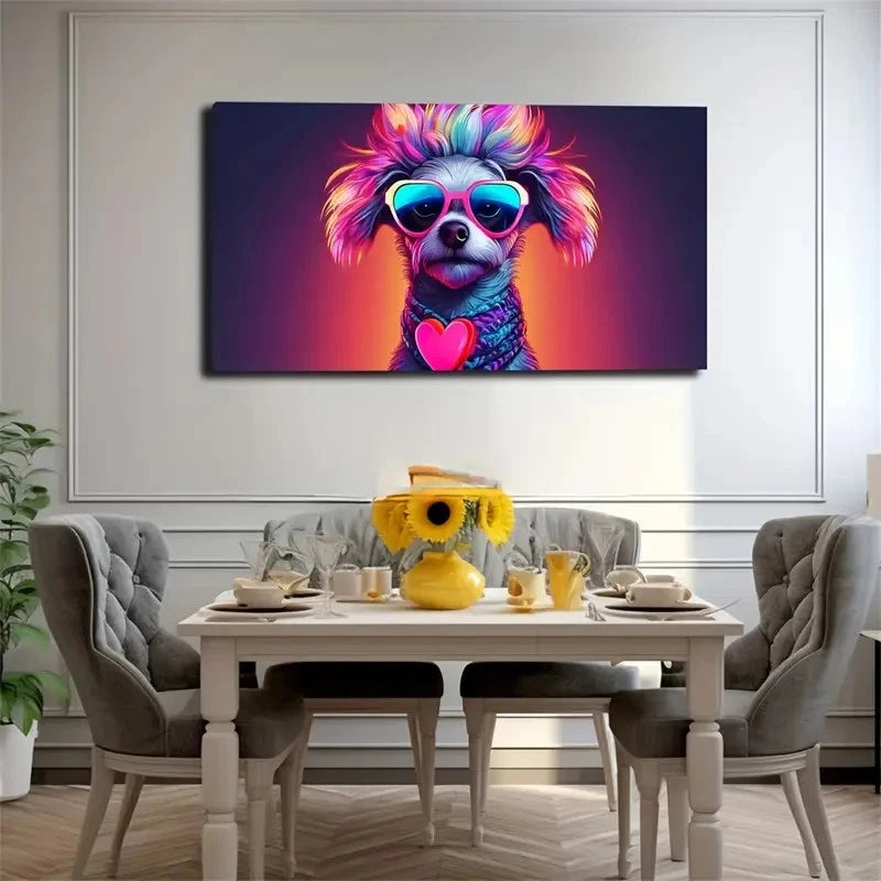 Colorful Stylish Dog Glass Wall Art Canvas Office Home Room Framed 120x60cm