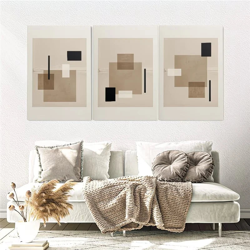 3pcs Abstract Beige Geometric Wall Art Set Canvas Framed 60x90cm – High Quality Print, 100% Australian Made Wall Canvas, Ready to Hang