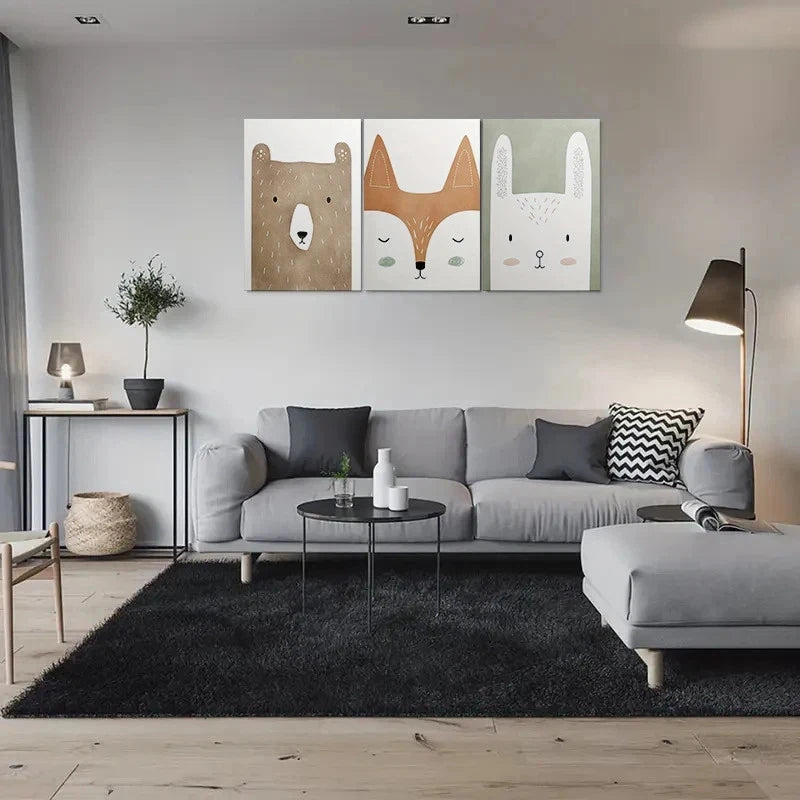 3pcs Adorable Animal Cute Bear Fox and Rabbit Metal Print Ready to Hang Art - Bella Home Decor