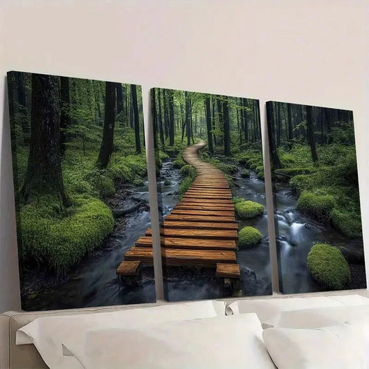 3pcs Boardwalk Stream Vibrant Green Foliage Wall Art Set Canvas Framed 60x90cm - High Quality Print 100% Australian Made Wall Canvas Ready to Hang
