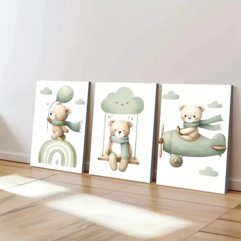 3pcs Modern Wooden Airplane Rainbow Bear Balloon Wall Art Set Canvas Unframed - High Quality Print 100% Australian Made Wall Canvas