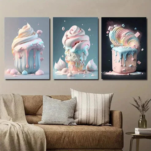 3pcs Summer Macaron Color Popsicle Ice Cream Wall Art Set Canvas Unframed - High Quality Print 100% Australian Made Wall Canvas