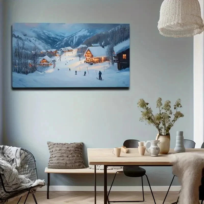 Snowy Ski Town Scene Cabin Wall Art Canvas Office Home Room Framed 120x60cm