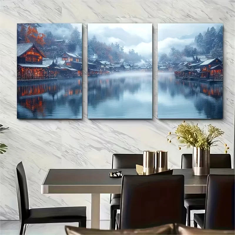 3pcs Misty Riverside Town Metal Print Ready to Hang Art