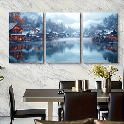 3pcs Misty Riverside Town Metal Print Ready to Hang Art