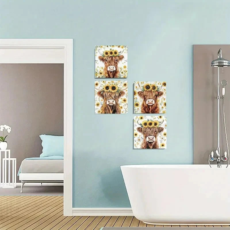 4pcs Highland cow sunflower  Wall Art Canvas Framed