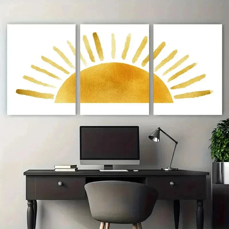 3pcs Golden Sun Sun Decor Golden Perfect Wall Art Set Canvas Framed 50x70cm - High Quality Print 100% Australian Made Wall Canvas Ready to Hang - Bella Home Decor