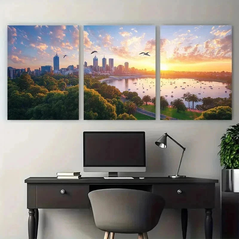 3pcs Perth Cityscape Western Australia Perfect Wall Art Set Canvas Framed 50x70cm - High Quality Print 100% Australian Made Wall Canvas Ready to Hang
