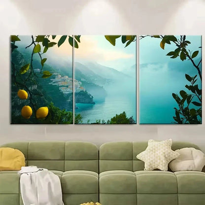 3pcs Amalfi Coast at Dawn, Lemon Groves Wall Art Set Canvas Framed 60x90cm - High Quality Print 100% Australian Made Wall Canvas Ready to Hang