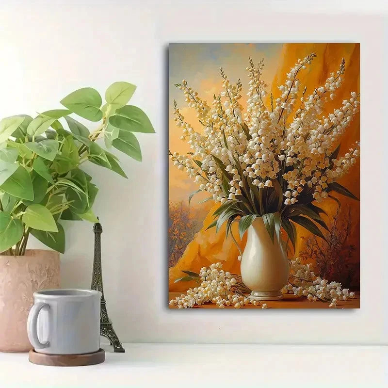 Beautiful White Flowers & Green Leaves Painting 40x60cm Metal Print Ready to Hang - Bella Home Decor