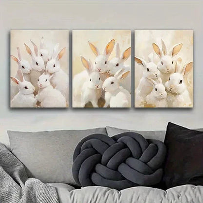 3 PCS White Rabbits Canvas Adorable Animals Wall Art Set Canvas Unframed - High Quality Print 100% Australian Made Wall Canvas - Bella Home Decor