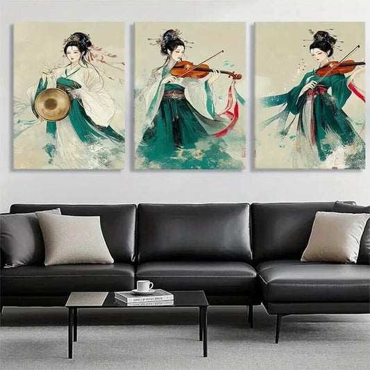 3pcs Women Playing Musical Instruments Perfect Wall Art Set Canvas Framed 60x90cm - High Quality Print 100% Australian Made Wall Canvas Ready to Hang