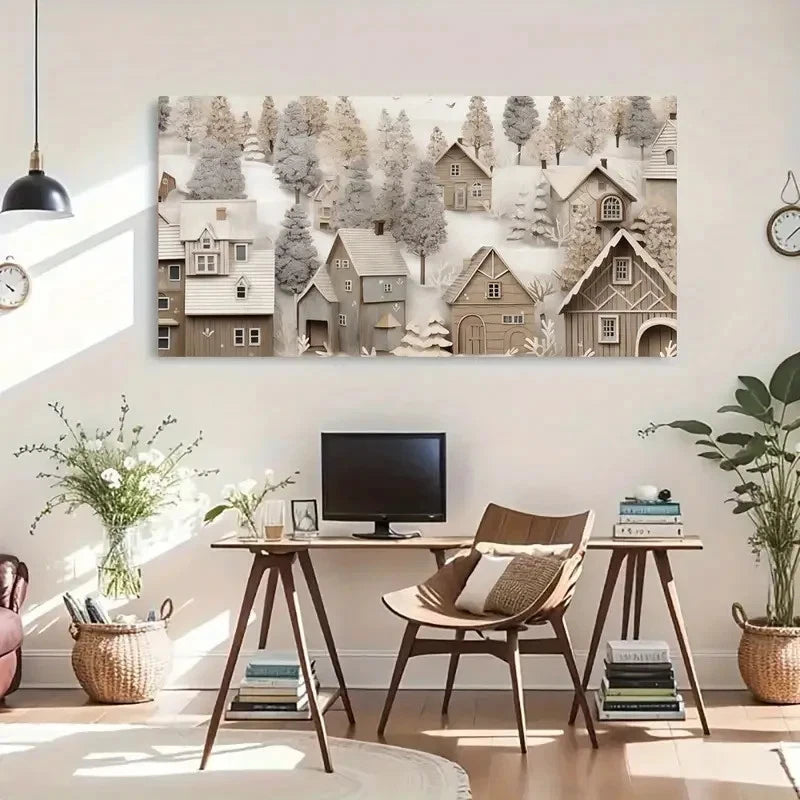 Charming Winter Cottage Scene Wall Art Canvas Office Home Room Framed 120x60cm