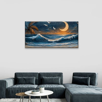 Beach Scene Moon Palm Wall Art Canvas Office Home Room Framed 120x60cm