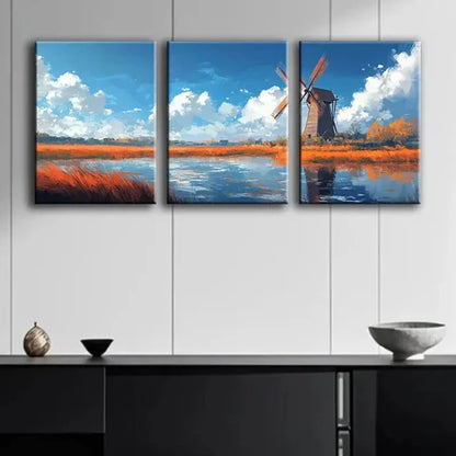 3pcs A Windmill on the Water Perfect Wall Art Set Canvas Unframed - High Quality Print 100% Australian Made Wall Canvas - Bella Home Decor